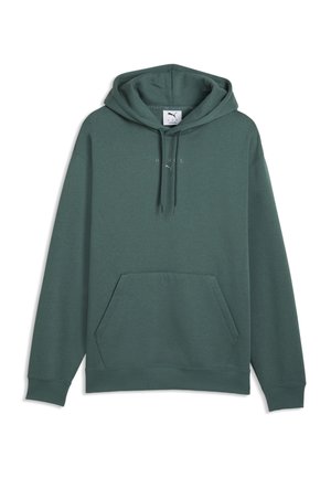 Dunkelgrüner Kapuzenpullover mit Kängurutasche vorne, Kordelzug in der Kapuze und kleinem Logo-Text mittig auf der Brust.