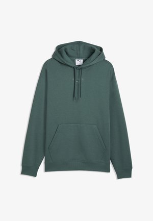 Sweat à capuche vert foncé avec poche kangourou frontale, capuche à cordon et petit texte logo centré sur la poitrine.