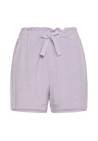 Lila korta byxor i texturerat tyg, med elastisk midja och knyt i fronten samt sidsömmar. Korta i längden.