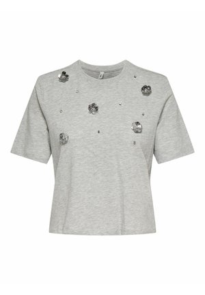 Szara koszulka z krótkim rękawem z miękkiego materiału, ozdobiona haftami w kształcie kwiatów i rozsypanymi cyrkoniami z przodu.
