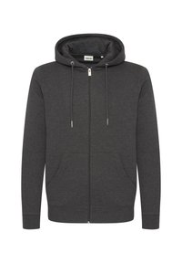 Donkergrijze zip-up hoodie van zachte stof. Voorzien van een gevoerde capuchon, trekkoordjes en twee voorzakken. Eenvoudig en functioneel ontwerp.