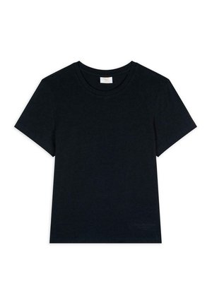 Zwarte katoenen t-shirt met korte mouwen, ronde hals en een eenvoudig ontwerp. Geweven stof met een subtiele merkopdruk aan de zoom.