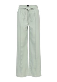 Lichtgroene wijde broek met elastische tailleband, trekkoord en twee verticale zijnaden als accent. Soepele stoftextuur.