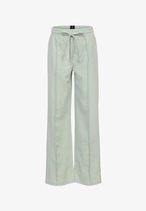 Lichtgroene wijde broek met elastische tailleband, trekkoord en twee verticale zijnaden als accent. Soepele stoftextuur.