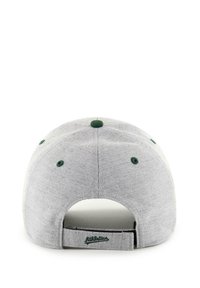 Graue Stoff-Baseballmütze mit grünen Akzenten. Verfügt über sechs Paneele, einen runden oberen Knopf und einen verstellbaren Riemen mit Branding auf der Rückseite.
