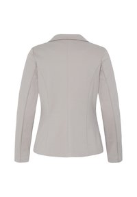 Blazer gris clair ajusté avec manches longues et col, montré de dos sur un fond blanc uni.