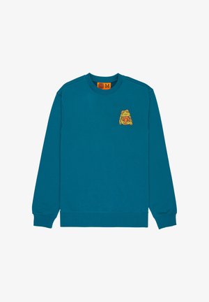 Sweat-shirt sarcelle à manches longues avec poignets côtelés. Présente un motif grenouille jaune sur la poitrine et un col rond. Texture du tissu douce.