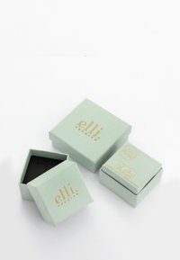 Des boîtes carrées vert menthe avec du texte doré "elli PREMIUM." L'une est ouverte, découvrant un intérieur noir. Les boîtes présentent un design simple et élégant.