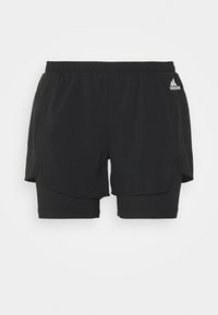 Black athletic shorts with an inner layer, featuring a breathable outer layer, elastic waistband, and side pockets. Adidas logo on left side.