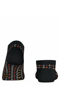 Schwarze Knöchelsocken mit einem strukturierten Muster in Rot, Beige und Grau. Das Design umfasst Akzentfarben an der Oberseite und im Zehenbereich.