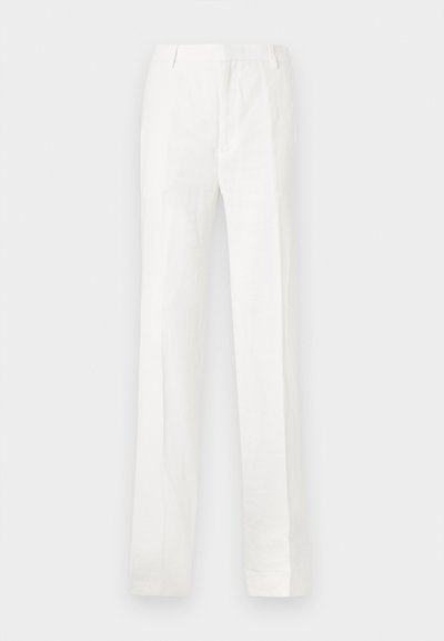 White, straight-leg trousers made from a lightweight fabric. Features a flat front, belt loops, and no visible patterns or decorations.