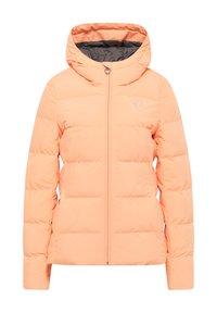 Giacca puffer pesca con cappuccio, dotata di una cerniera frontale, sezioni trapuntate e un piccolo logo a forma di cuore sul petto in un colore a contrasto.