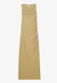 Robe maxi en vert olive clair, avec des fronces aux épaules et sur les côtés, fabriquée dans un tissu doux et texturé avec un motif subtil.