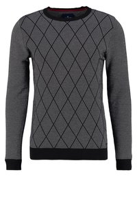 Musta-valkoinen kuviollinen neulepaita, jossa timantinmuotoinen kuvio, resorit hihoissa ja helmassa, pyöreä pääntie ja teksturoitu kangas.