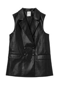 Schwarze ärmellose, doppelt-knöpfbare Weste aus glattem Leder, mit Revers und zwei Fronttaschen mit flachen Akzenten.