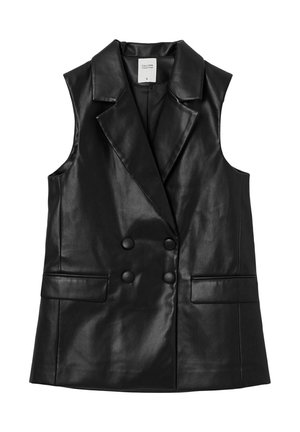 Schwarze ärmellose, doppelt-knöpfbare Weste aus glattem Leder, mit Revers und zwei Fronttaschen mit flachen Akzenten.