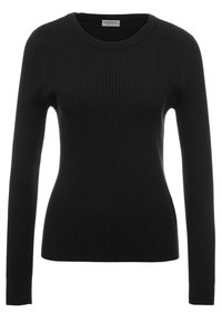 Haut noir à manches longues côtelé avec un col rond, présentant une silhouette ajustée et un tissu texturé. Étiquette d'entretien visible à l'intérieur du col.