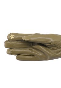 Guanti in pelle verde oliva con una texture morbida, caratterizzati da un ricamo floreale sul polsino e un design aderente.