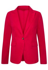 Red linen blazer with notched lapels, single button closure, two front pockets, and a smooth texture in a tailored fit.