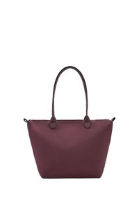 Maroon torba iz gladkega blaga, z dvema dolgima ročajema in zadrgo. Oblika je široka in rahlo zožena na dnu.