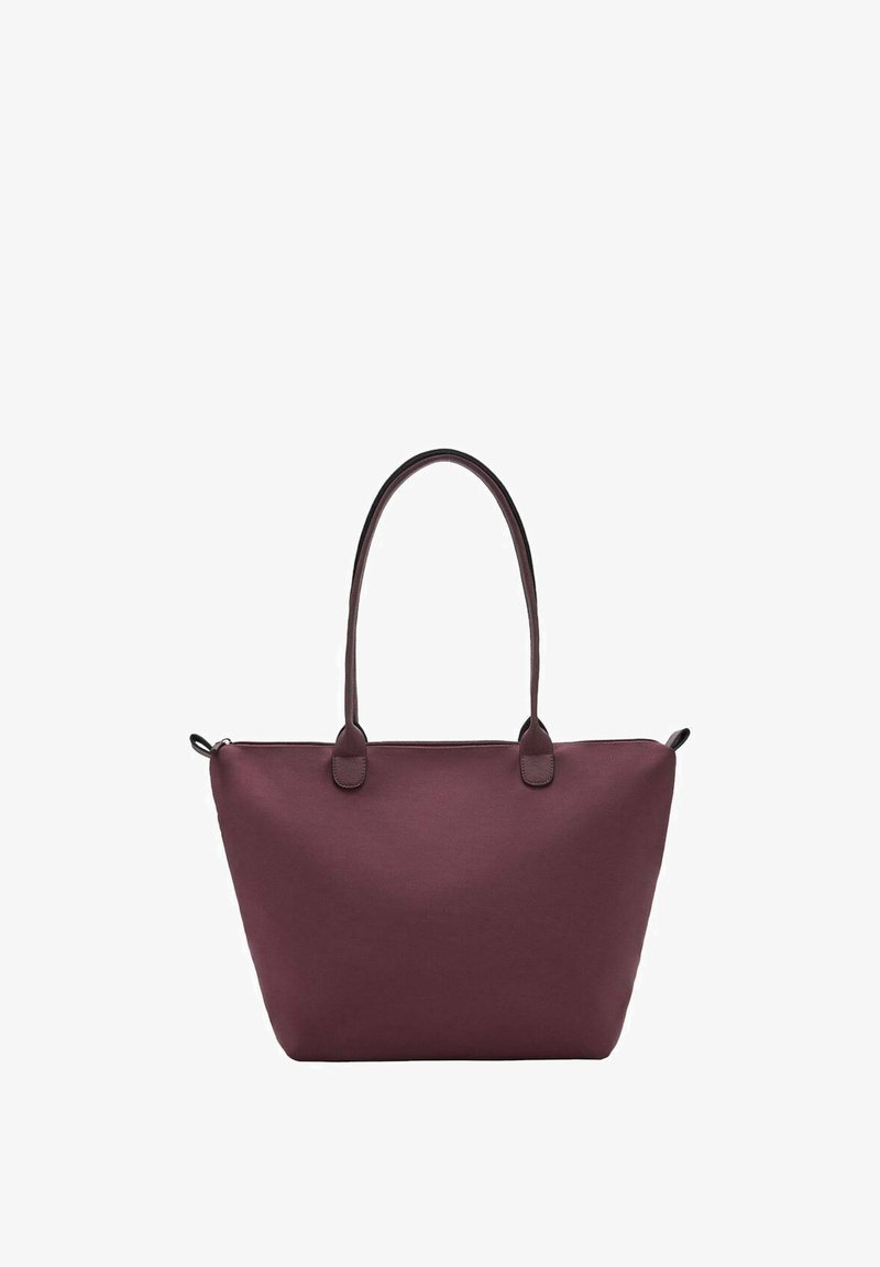 Maroon torba iz gladkega blaga, z dvema dolgima ročajema in zadrgo. Oblika je široka in rahlo zožena na dnu.