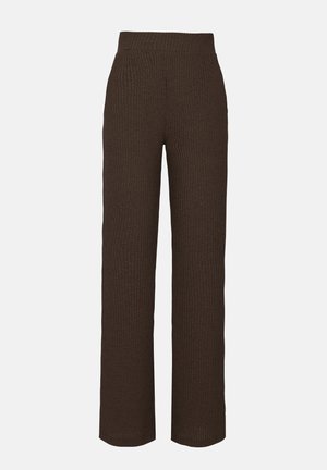 Pantalons larges côtelés marron avec une taille haute élastique, présentant un tissu texturé et une coupe longueur sol.