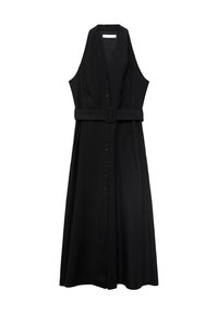 Black sleeveless dress with a belt, featuring a button-down front and flowing skirt, made from smooth fabric with a minimalist design.