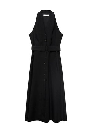 Robe sans manches noire avec une ceinture, dotée d'un devant boutonnière et d'une jupe fluide, fabriquée en tissu lisse avec un design minimaliste.