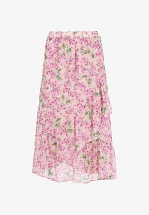 Virágos midi szoknya könnyű anyagból, rózsaszín alapszínnel, lila és zöld virágmintákkal, rétegzett fodrokkal és rugalmas derékpánttal.