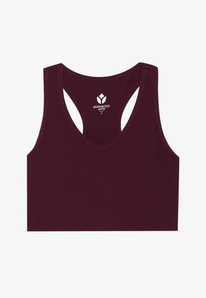 Burgundi csíkos aktív sportmelltartó V-nyakú kivágással, versenyhátsó szabással és elasztikus aljjal. A márka logója belül látható.