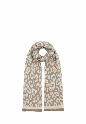 Schal mit Leopardenmuster aus weichem Stoff. Hat einen beigen Hintergrund mit weißen, orangefarbenen und tealfarbigen Tupfen. Fransenränder runden das Design ab.