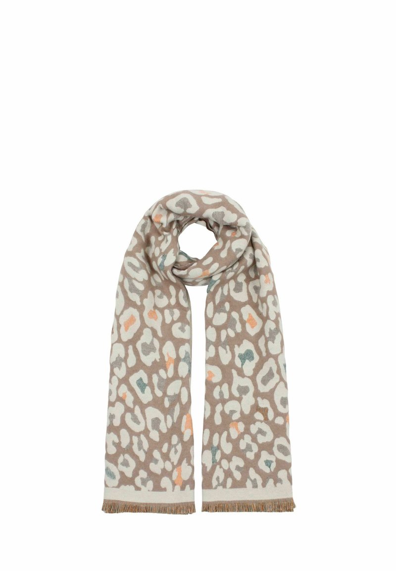 Schal mit Leopardenmuster aus weichem Stoff. Hat einen beigen Hintergrund mit weißen, orangefarbenen und tealfarbigen Tupfen. Fransenränder runden das Design ab.