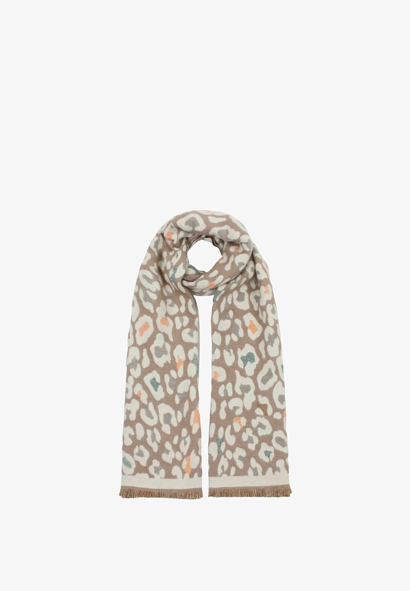 Leopard print scarf made of soft fabric. Features a beige background with white, orange, and teal spots. Fringed edges finish the design.