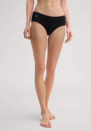 Zwarte zwem bikini slip met een slank ontwerp, een platte tailleband, twee zijzakken met knopenaccenten en een gladde textuur.