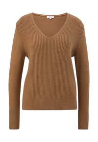 Pull brun en V avec texture côtelée, à manches longues et ourlet ajusté. Fabriqué en maille douce, présentant un motif subtil.