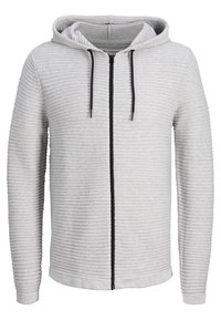 Ljusgrå zip-up hoodie med horisontella texturerade ränder, med en svart dragkedja och snörning. Mjuk tyg och långa ärmar.