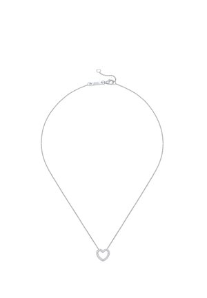 Delicate silver chain necklace with a small, open heart-shaped pendant encrusted with tiny sparkling stones.