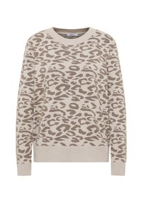 Pull beige avec imprimé léopard marron clair, col ras du cou, manches longues et poignets côtelés. Tissu doux avec une finition texturée.