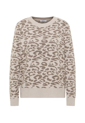 Pull beige avec imprimé léopard marron clair, col ras du cou, manches longues et poignets côtelés. Tissu doux avec une finition texturée.