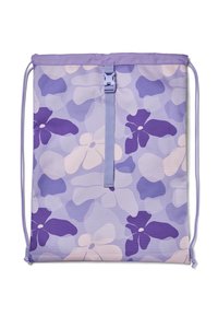 Drawstring backpack in purple floral pattern. Lightweight fabric with a smooth texture, features a central loop and adjustable cord straps.