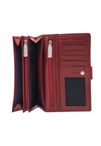 Portafoglio in pelle rossa con numerosi scomparti, chiusure a zip, slot per carte e una finestra per l'ID in rete. Interno foderato in tessuto blu navy.