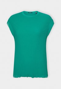 Teal plisseret t-shirt med rund halsudskæring og korte ærmer. Stoffet har en glat tekstur og har en let buet kant.