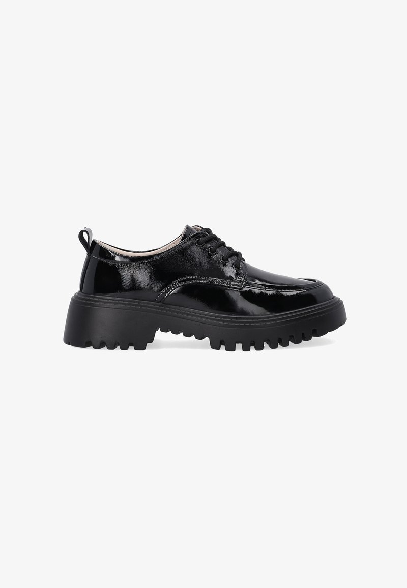 Zwarte gepatineerde leren veterschoenen met een stevige zwarte rubberen zool die diepe profielgroeven heeft en een klein achterste lusje voor eenvoudig aantrekken.