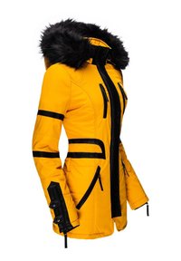 Yellow insulated jacket with black accents, fur-lined hood, zippered pockets, and a fitted design. Features contrasting stripes and buttons.
