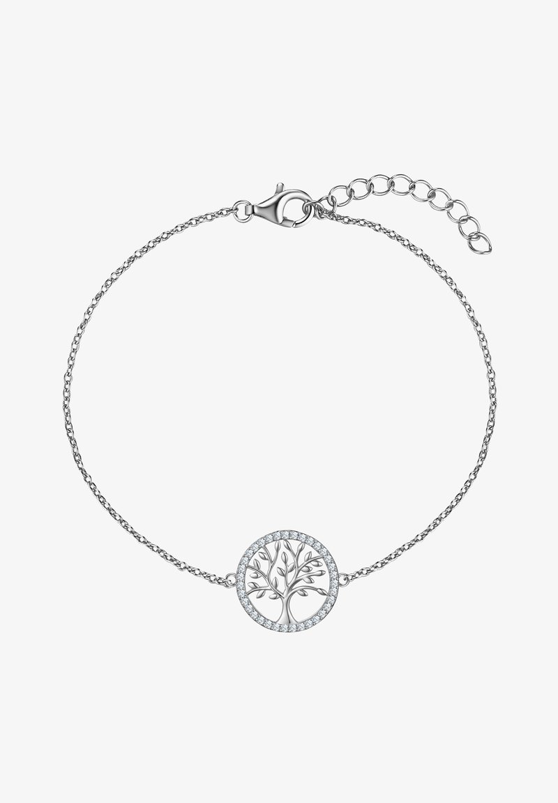 Sidabrinis apyrankės su apvaliu pakabuku, kuriame pavaizduota medžio forma, apsuptu skaidrių brangakmenių; apyrankė turi krabų užsegimą ir reguliuojamą grandinėlę.