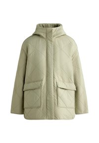 Svetlozelená prešívaná bunda s kapucňou, vybavená prednými klopovými vreckami a skrytým zipsom na zapínanie, navrhnutá pre chladné počasie.