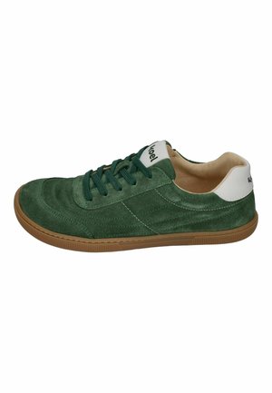 Green suede sneaker with gum sole, dark green laces, and white heel tab and tongue featuring black branding text.