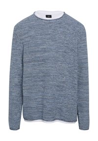 Blauwe lange mouwen gebreide trui met een textuurpatroon, uitgerust met een witte binnenkraag en een ronde halslijn. Zachte stof met een relaxte pasvorm.