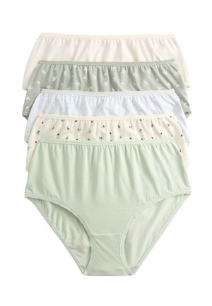 Fem par damebomuldsunderbukser i forskellige pastelfarver: lyse beige, grøn, grå med blomster- og polkaprikkede mønstre samt blondekanter.