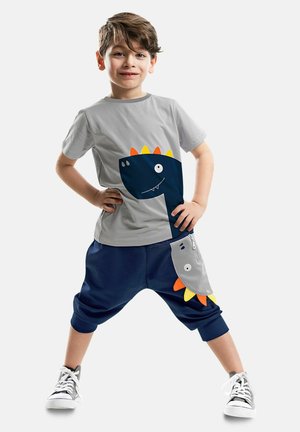 Graues T-Shirt mit einem blauen Dinosaurier-Grafik und orangenen Stacheln; marineblaue Jogginghosen mit grauem Dinosaurier-Taschendetail und bunten Akzenten.